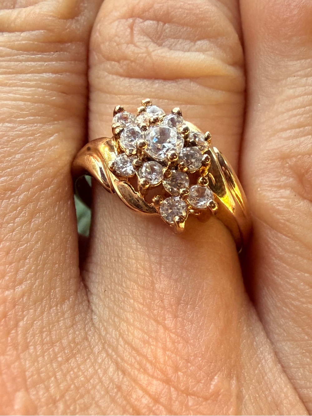 Vintage 925 Gold Vermeil Cubic Zirconia Diamond Cluster Bypass Ring